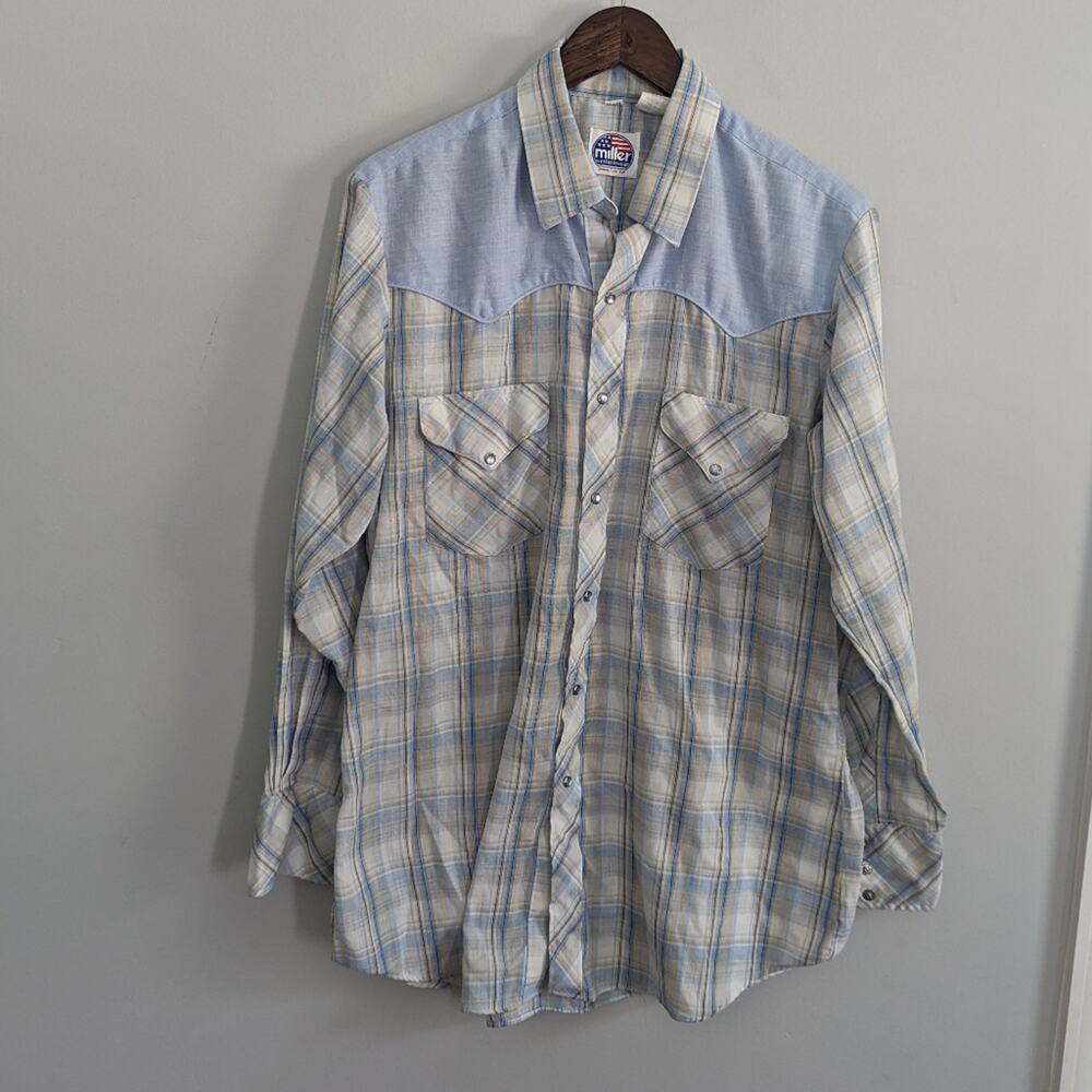 Men's Miller Plaid Light Blue Yellow Button Down 16.5 - 33 USA Made